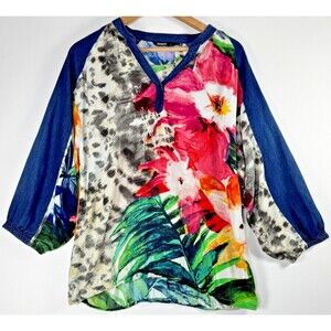 Desigual Blouse Women Large Floral Animal Mixed Abstract Art Print Blue Boho Top